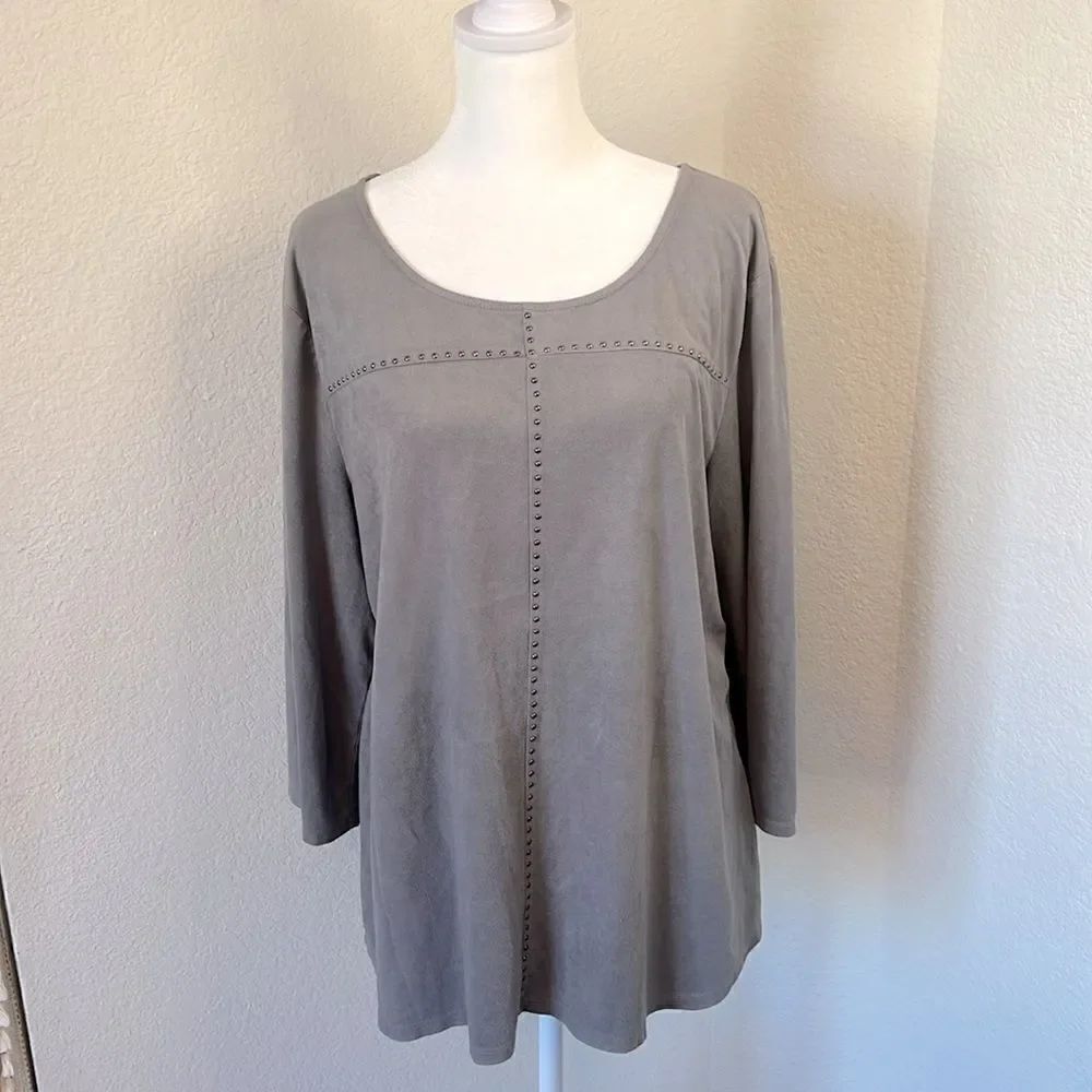 Women's Style & Co. Gray Suede Feel Studded 3/4 Sleeve Top ~ Size XXL